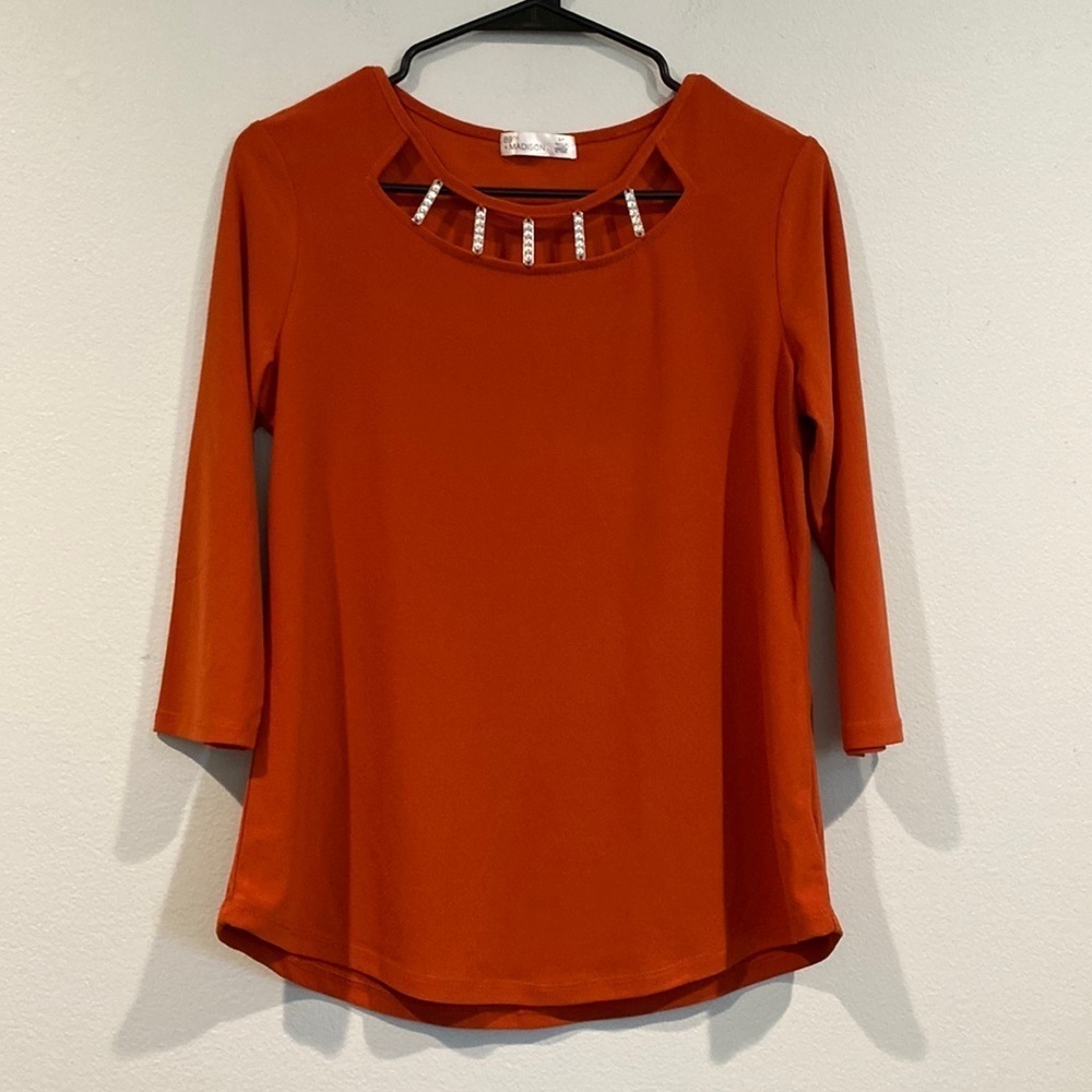 89th + Madison Red/Orange Blouse with Rhinestones around Neckline-Size Small S/P